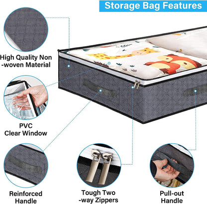 3 Pack Under Bed Storage Organizer Bags for bedroom, Large Capacity Clothing Containers, Foldable Underbed Storage Bins with Clear Window, 4 Reinforced Handles and Sturdy zipper for Blanket Toys