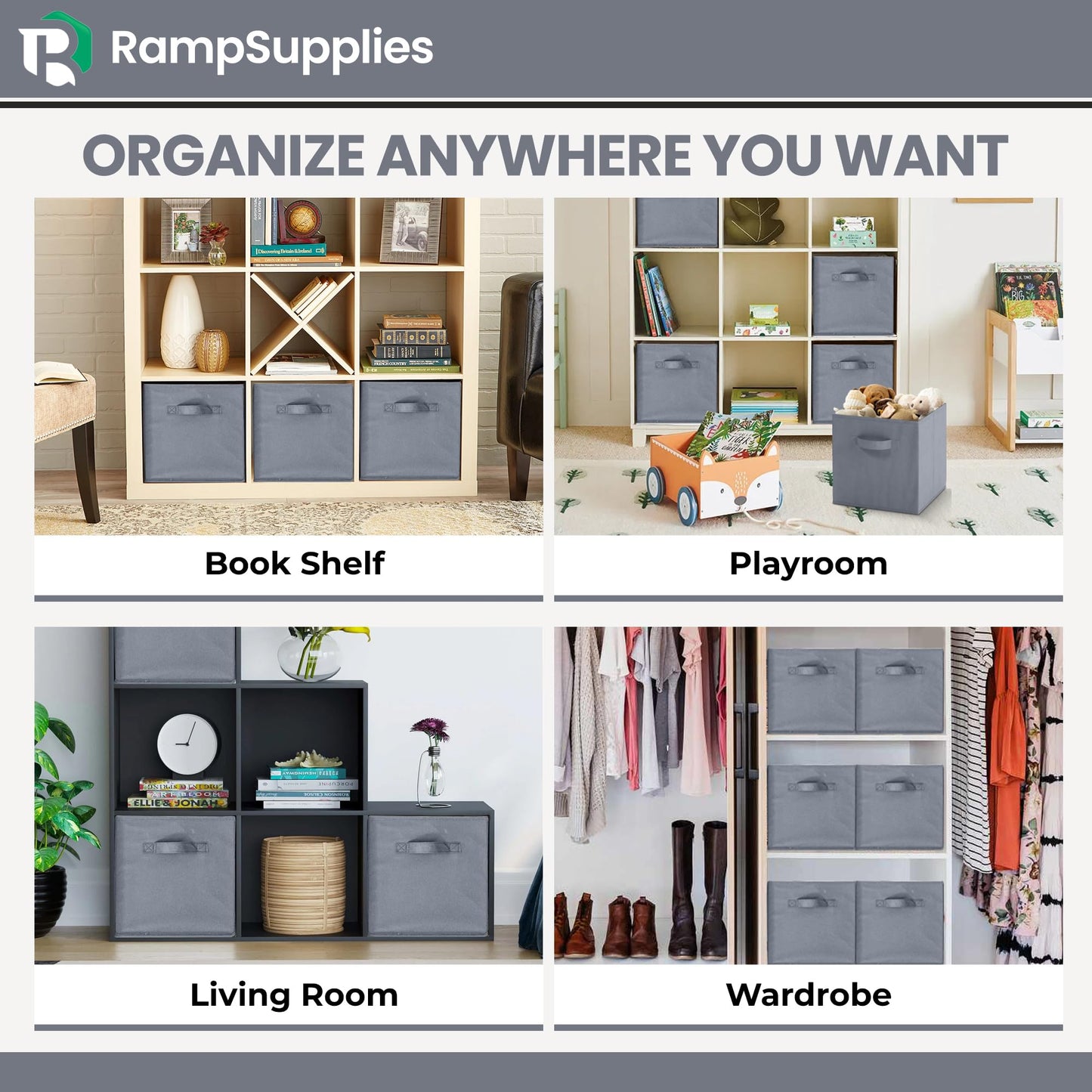 RampSupplies Foldable Storage Cubes with Handles, 30cm x 30cm x 30cm,Fabric Storage Boxes, Toy Baskets for Baby Clothes Home and Office Room Organizers (Gray)