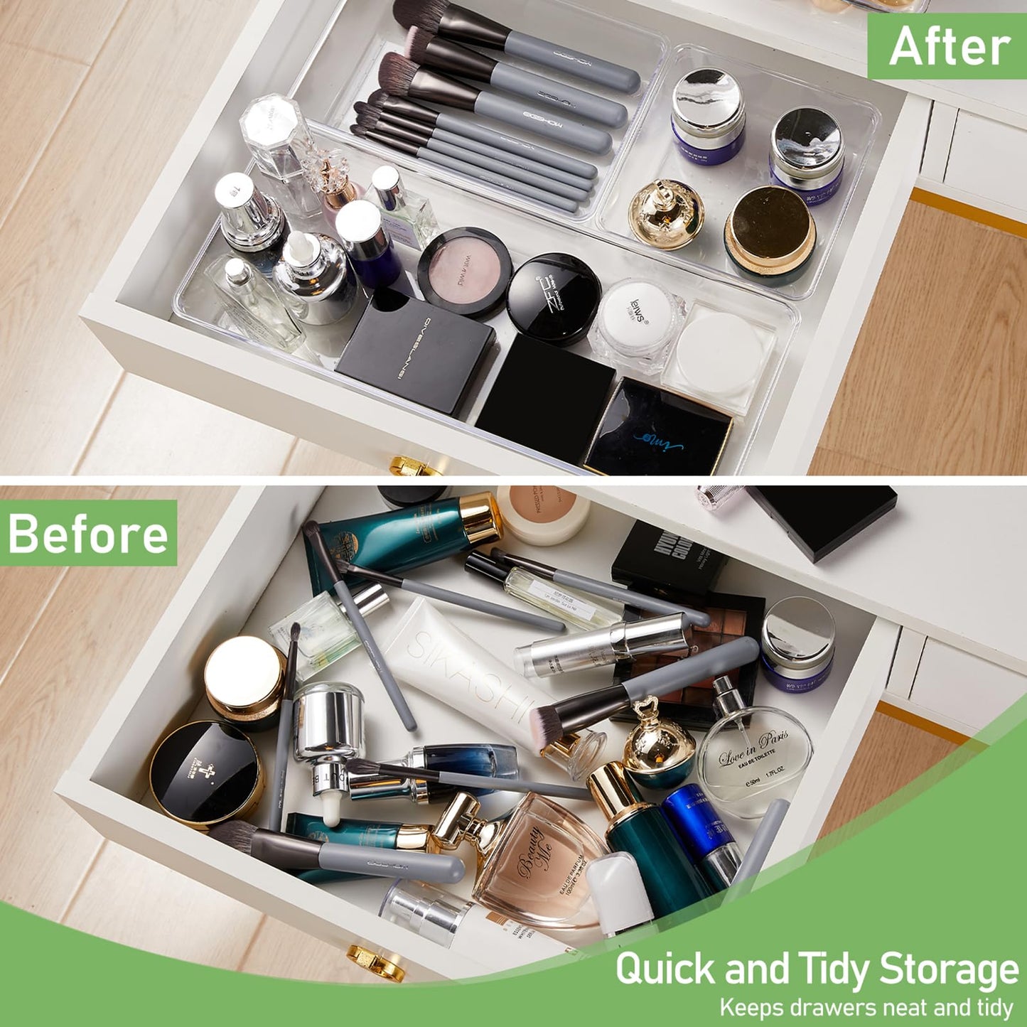 DUHARS 4PCS Clear Plastic Drawer Organizer Tray, 12'' Large Acrylic Vanity Bathroom Drawer Organizers Trays, Desk Drawer Organizer Bins for Cosmetics, Makeup, Kitchen, Office, Junk Drawer Organization