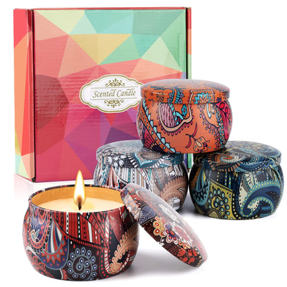 Tobeape® Scented Candles Gift Set, 4 Cans Natural Soy Wax 4.4 oz Portable Tin Candles Women Gift with Stress Relief and Aromatherapy for Holiday Gifts, Bathing, Home Decoration