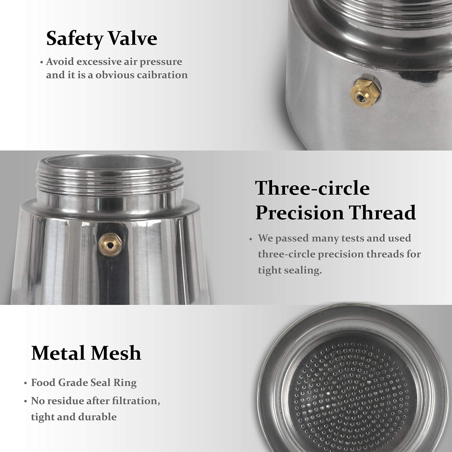 Espresso Maker Moka Pot 4 Cup (200ml) for Gas or Electric Stovetops, 304 Stainless Steel Espresso Maker, Suitable for Espresso, Cappuccino, Latte, Silver