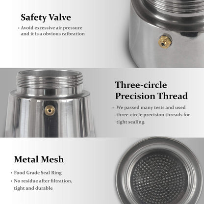 Espresso Maker Moka Pot 4 Cup (200ml) for Gas or Electric Stovetops, 304 Stainless Steel Espresso Maker, Suitable for Espresso, Cappuccino, Latte, Silver