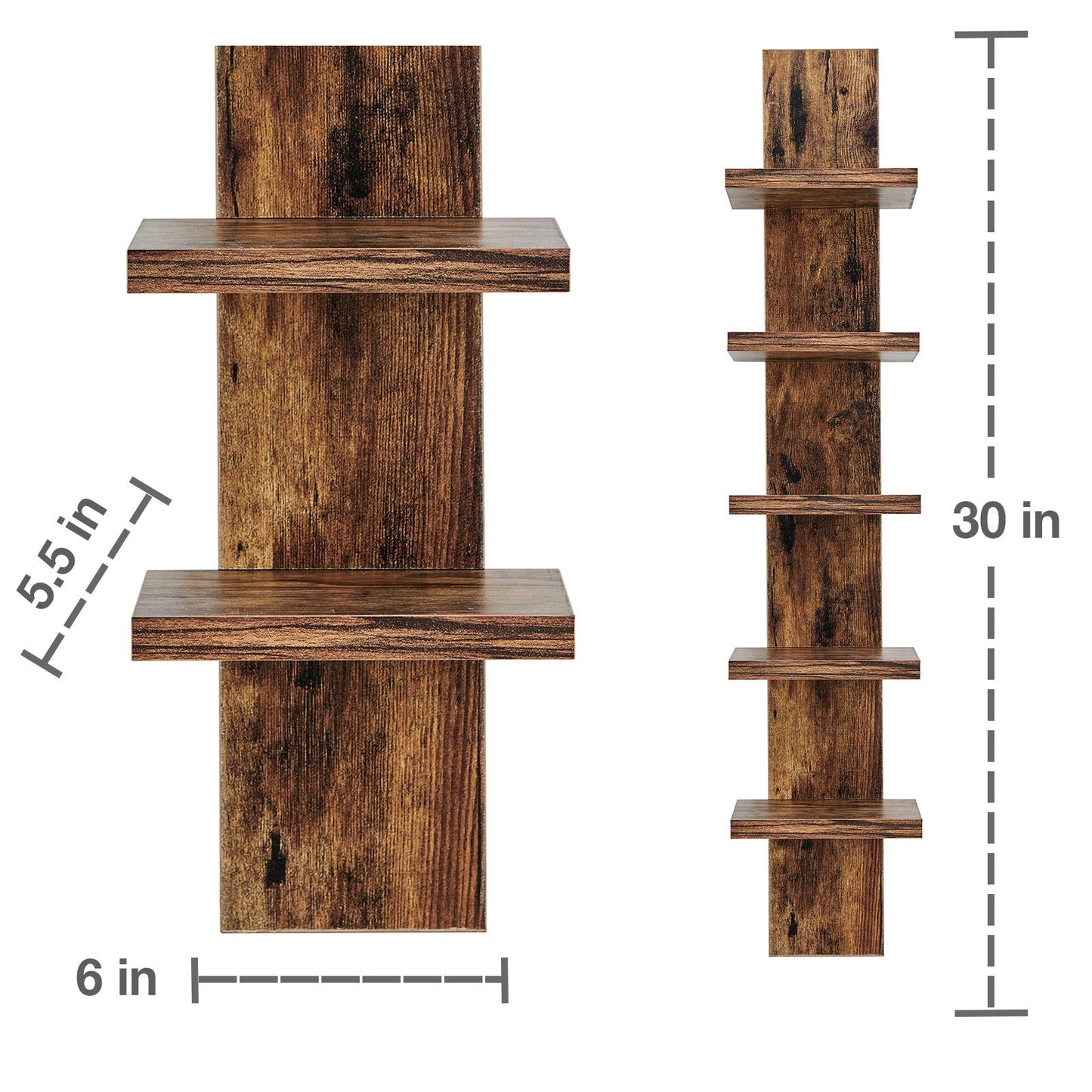 5-Tier Wall Shelf Unit in Pine, Narrow Vertical Column Floating Storage, 30" Tall Tower Design Utility Shelf for Bedroom & Living Room, Smooth Laminate Finish