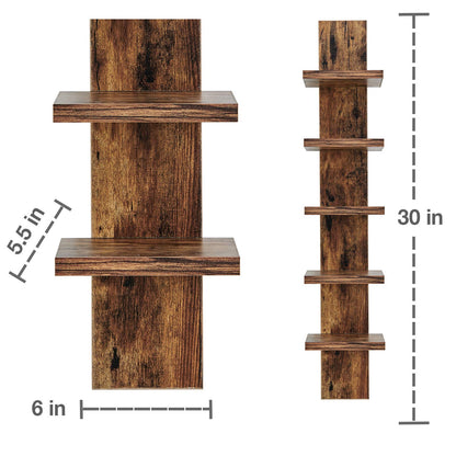 5-Tier Wall Shelf Unit in Pine, Narrow Vertical Column Floating Storage, 30" Tall Tower Design Utility Shelf for Bedroom & Living Room, Smooth Laminate Finish