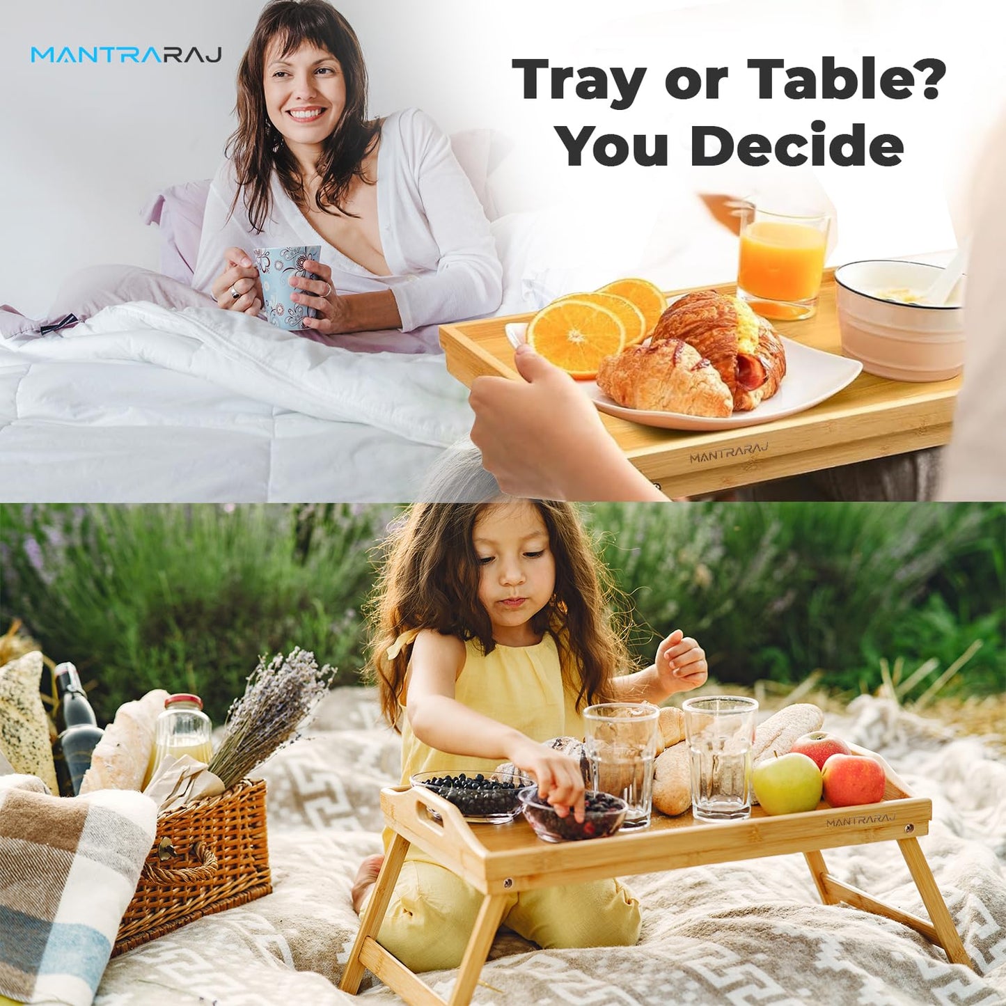 Mantraraj Wooden Bamboo Food Serving TV Tray with Handles Portble and Folding Legs Dinner Breakfast Lap Table Mat for Sofa and Bed - 50x30cm