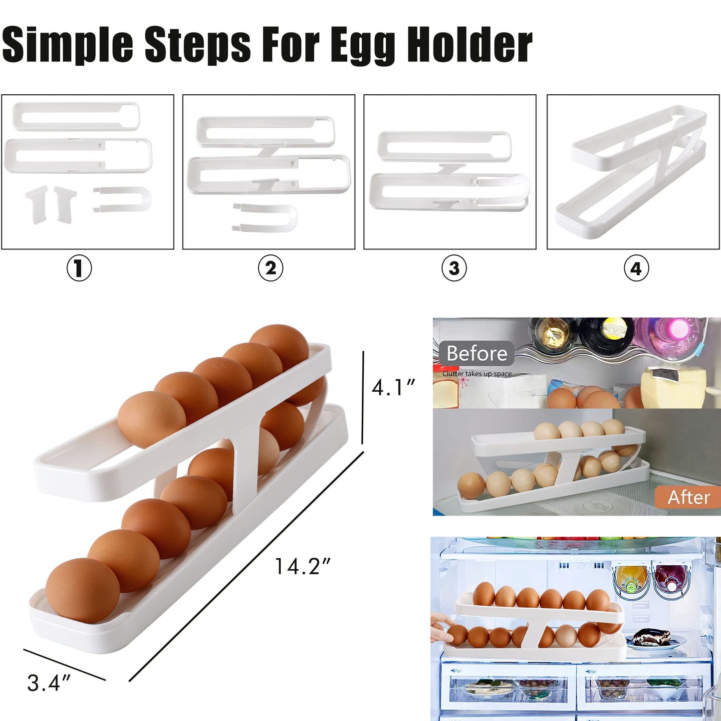 LENGMOMO Wenmpopo Egg Holder for Refrigerator - Automatically Rolling Egg Storage Container?2 Tier Rolling Egg Dispenser Detachable, Space Saving Egg Tray for Refrigerator Countertop Cabinet