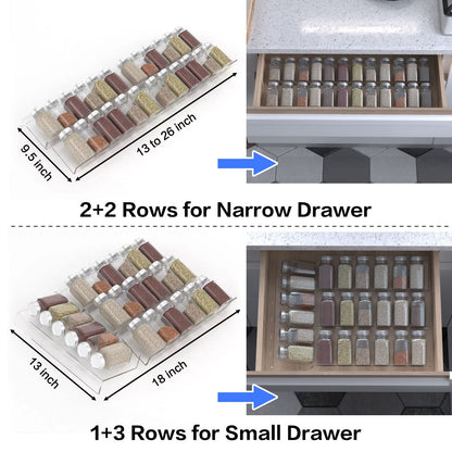 Jadehom 19 x 13 Inches Spice Drawer Organizer, 4 Tier Clear Acrylic Expandable In-Drawer Seasoning Jars Rack, Kitchen Drawer Spice Insert Tray for Cabinet/Countertop