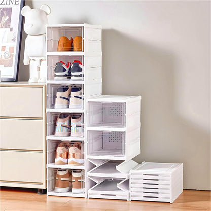 Foldable Stackable Shoe Box - Plastic Shoe Organiser with Transparent Door - Space Saving Freestanding Shoe Rack with Lid Plastic Shoe Stand Shoe Box, White Set of 6 Levels