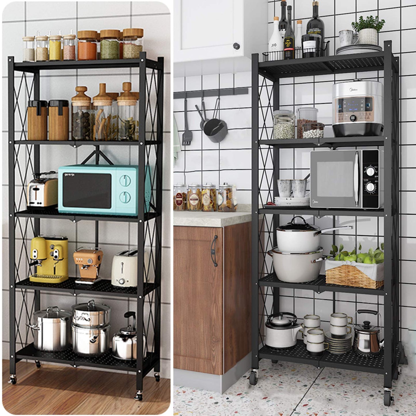 Storage Shelves, 5-Shelf Foldable Metal Shelving Units 28" W x 14" D x 65" H for Garage Kitchen Bakers Closet, Metal Wire, Collapsible Organizer Rack, Heavy Duty on Wheels (5 Shelf)