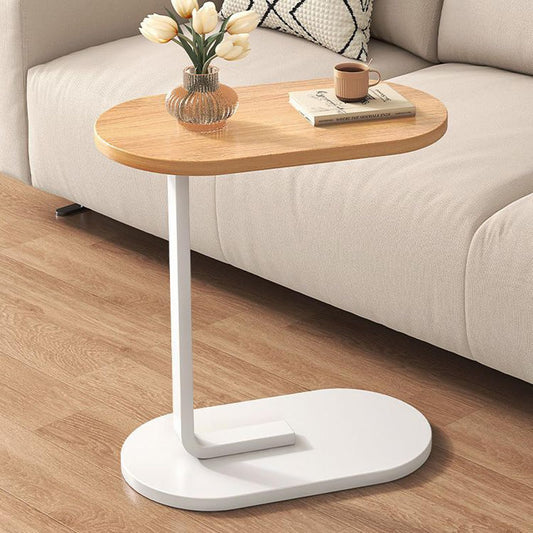 C-Shaped Side Table with Sliding Design – Sturdy Metal Frame and Wood Surface, Perfect for Living Room 45D x 30W x 60H CM White x Wooden