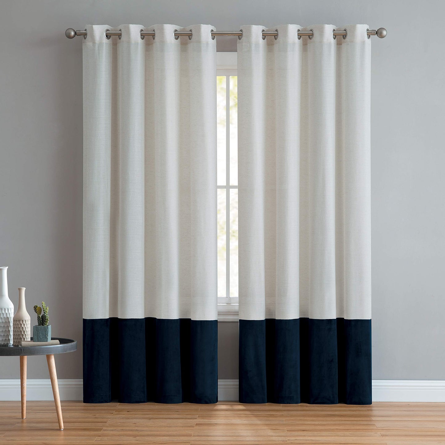Luxury Linen Curtains With Velvet - Bottom Velvet Tone – 2-Tone Style – 1 Panel