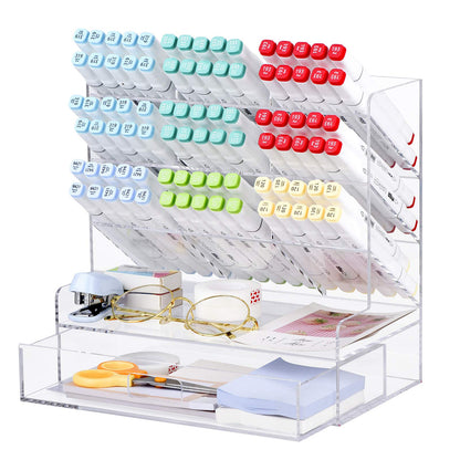 Clear Acrylic Desk Organizer for Pens and Accessories, Multi-Compartment Marker and Pencil Holder with Integrated Storage Drawer, Desktop Organization Caddy for Art and Office Supplies