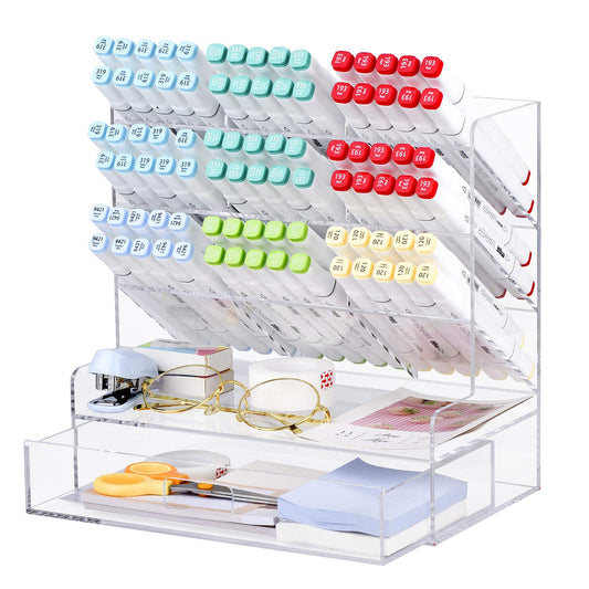 Clear Acrylic Desk Organizer for Pens and Accessories, Multi-Compartment Marker and Pencil Holder with Integrated Storage Drawer, Desktop Organization Caddy for Art and Office Supplies