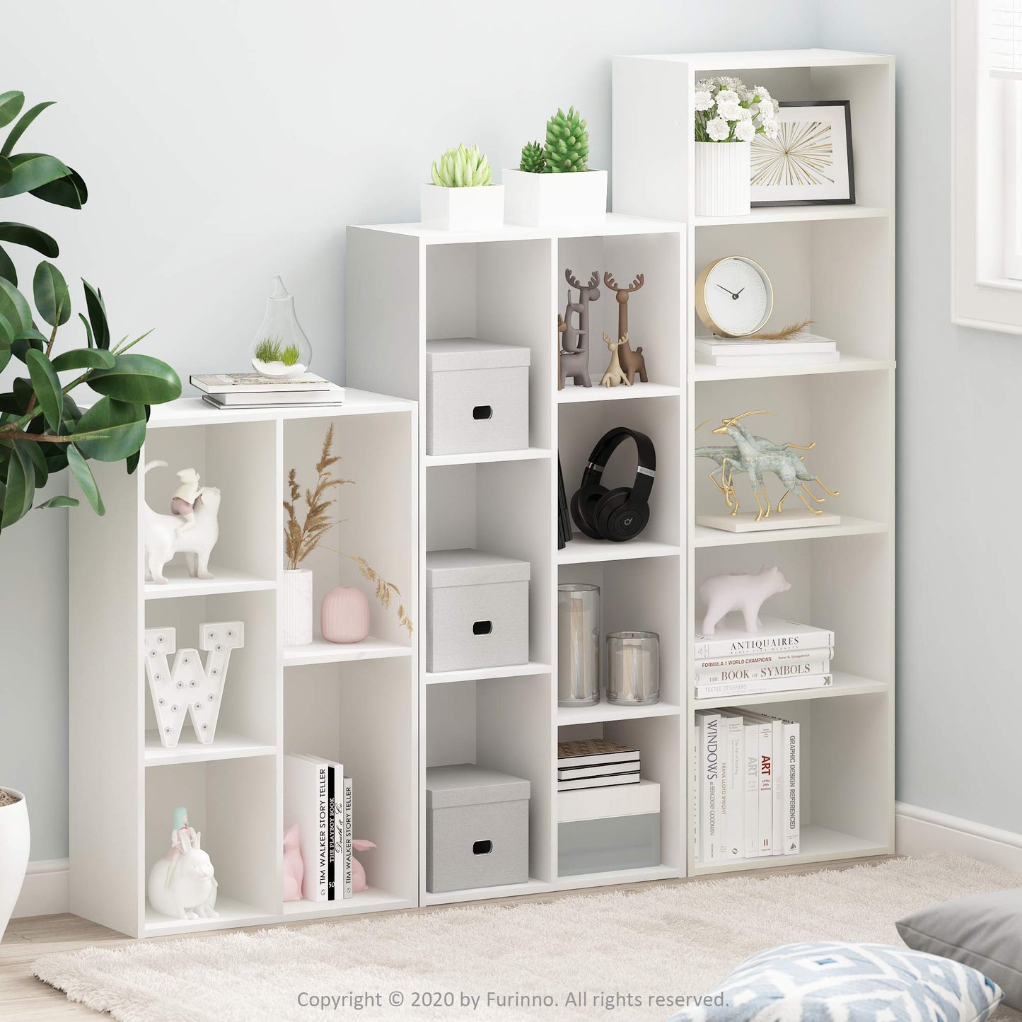 5-Tier Narrow Vertical Wall Unit, Tall Column Floating Storage Organizer and Utility Shelf for Bedroom or Living Room, Space-Saving Design in a White Laminate Finish