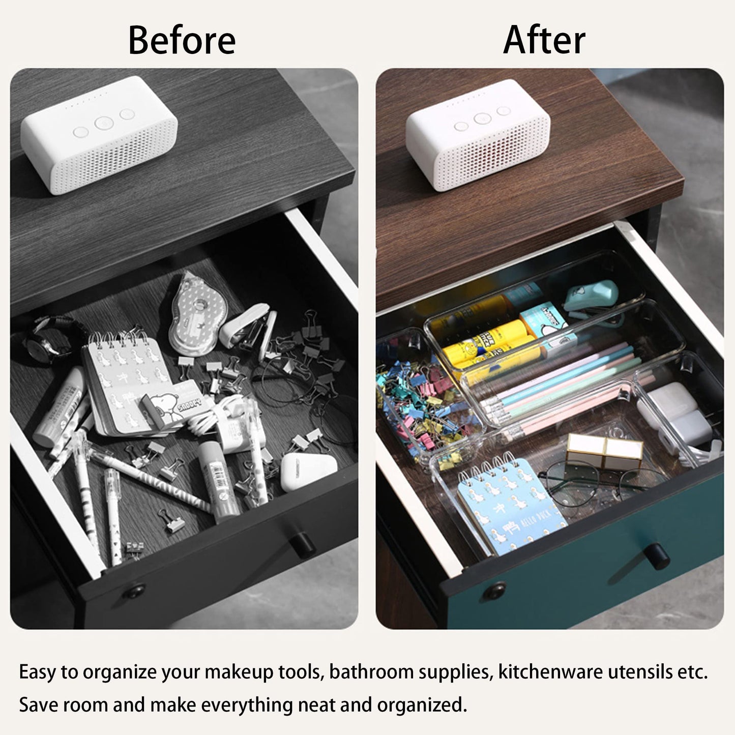 25 Pack Desk Drawer Organizer Tray, Acrylic Bathroom Drawer Organizers, Clear Makeup Storage Bins, 5-Size Dresser Drawer Organizers And Storage for Jewelries, Bedroom Kitchen Utensil Office