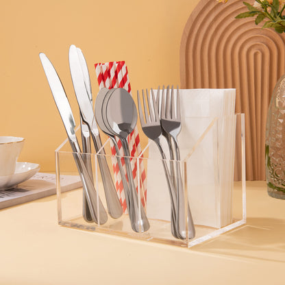 Utensil Holder Organizer, Clear Acrylic Countertop Caddy for Storing Cutlery, Flatware, Spoons, Forks, Knives and Napkins, Suitable for Kitchens, Buffets and Dining Tables, Clear
