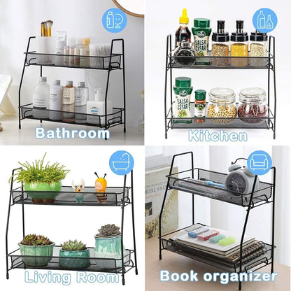 2-Tier Multipurpose Space Saving Metal Storage Rack for Kitchen Spice Rack, Black, Acrylic