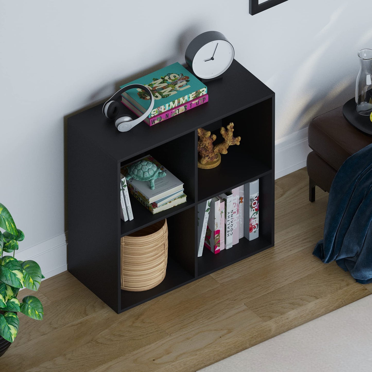 Durham 4 Cube Bookcase, Black Storage Organizer for Living Room or Home Office, Modern Bookshelf Furniture, Versatile Display and Organization Unit, Sturdy Wood