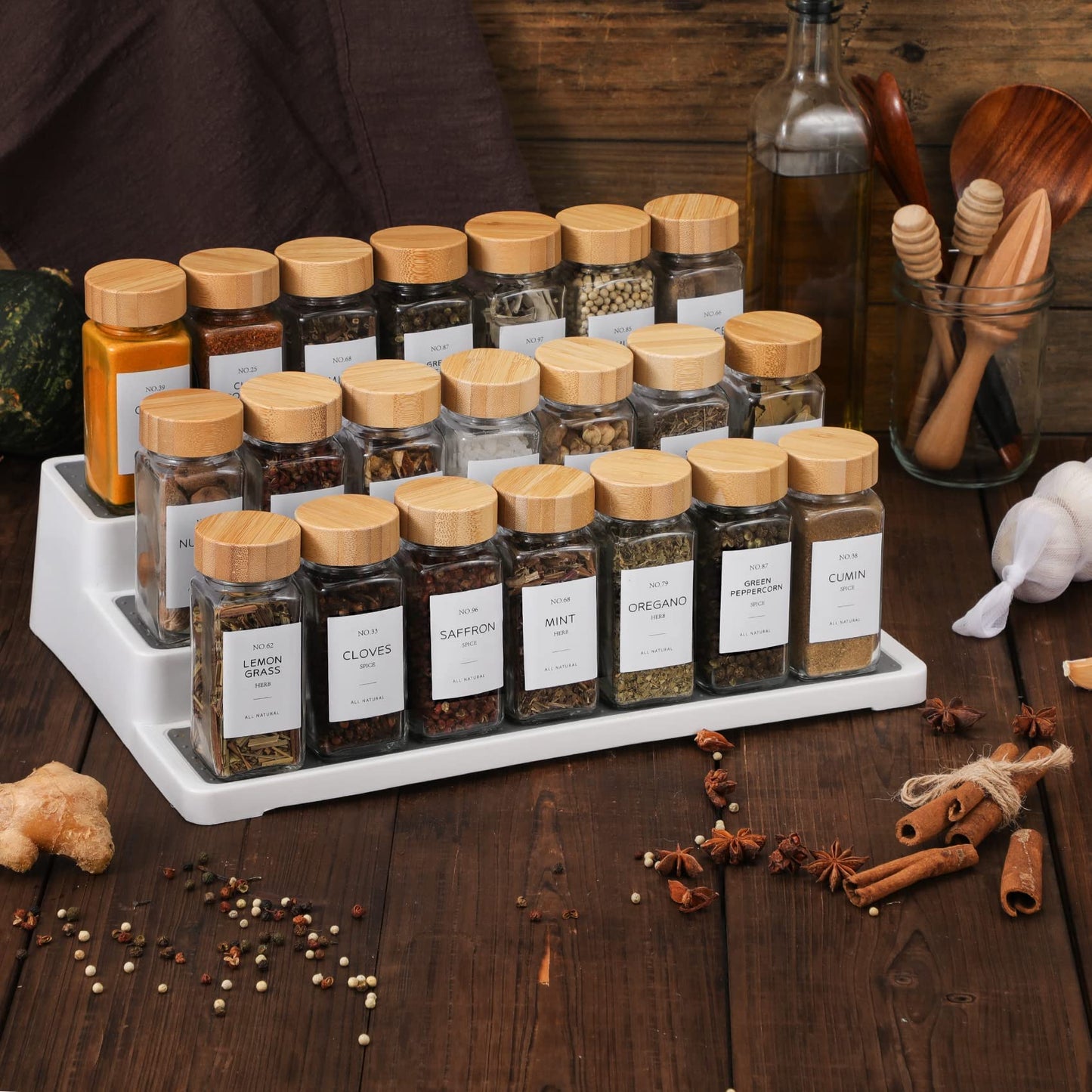 24 Pcs Glass Spice Jars with Bamboo Lids, 4 oz Glass Jars with Minimalist Farmhouse Spice Labels Stickers, Collapsible Funnel, Seasoning Storage Bottles for Spice Rack, Cabinet, Drawer