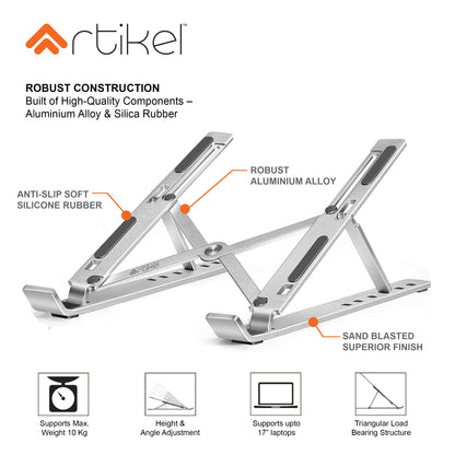 Artikel® Uni-Lite+ Laptop Stand with Carry Pouch | 6 Height Adjustable Riser for desk | Increased Laptop Ventilation | Ergonomic Foldable & Portable | Universally Compatible | Silver