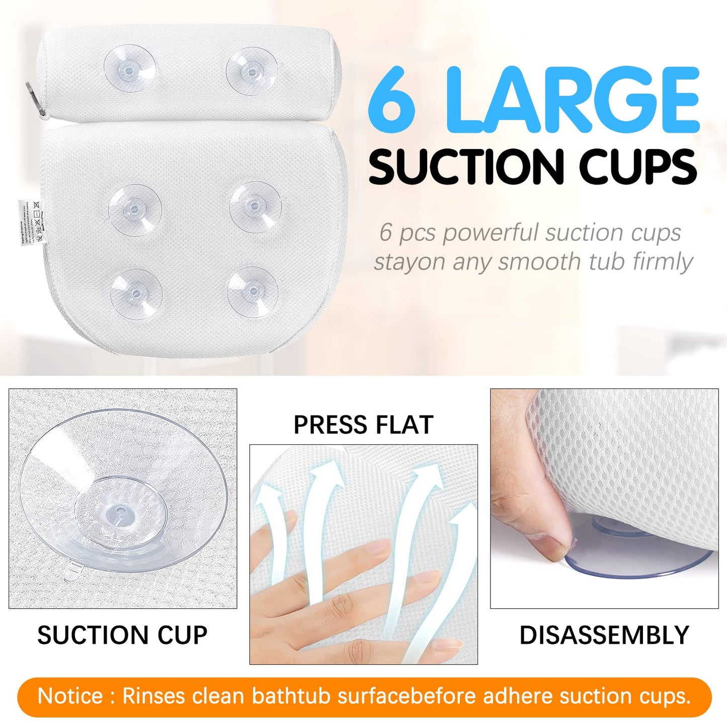 COALA HOLA Bath Pillow Bathtub Spa Pillow, Non-Slip 6 Large Suction Cups, Extra Thick Bath Pillow for Head, Neck, Back and Shoulder Support, Fits All Bathtub, Hot Tub-White