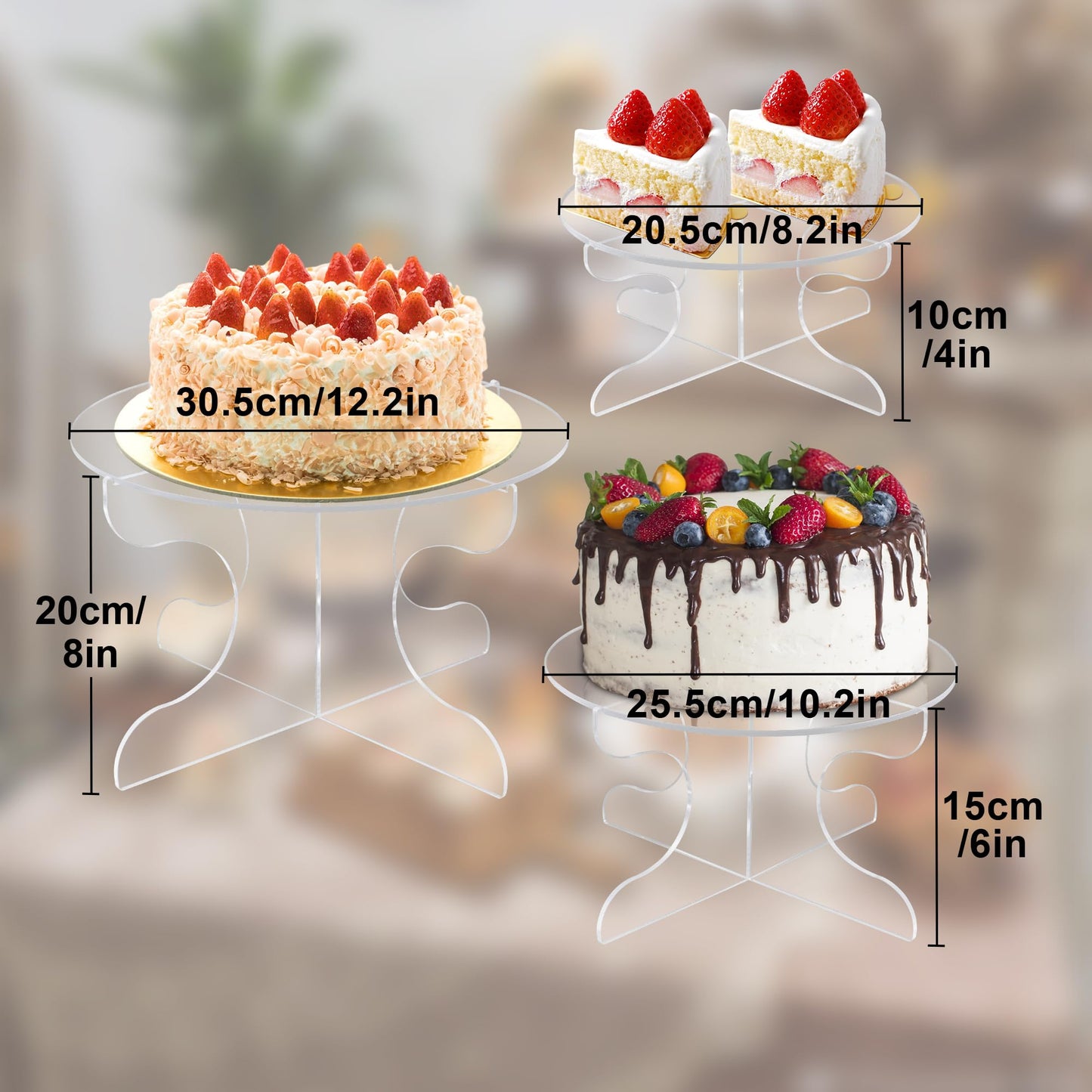 Acrylic Cake Stand Set, Clear Round Display Pedestals, 20, 25, 30 CM, Durable and Lightweight Design, Cupcake and Dessert Holder for Wedding, Party, and Birthday Table Decoration