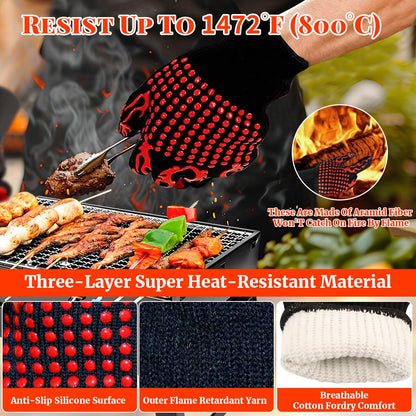 BBQ Grill Gloves for BBQ Accessories, 1472°F Heat Resistant Gloves with Silicone Palm Pads, Non-Slip Grilling Griddle Gloves for Smoker Grill Gloves Oven Mitts for Barbecue Cooking Baking Cutting
