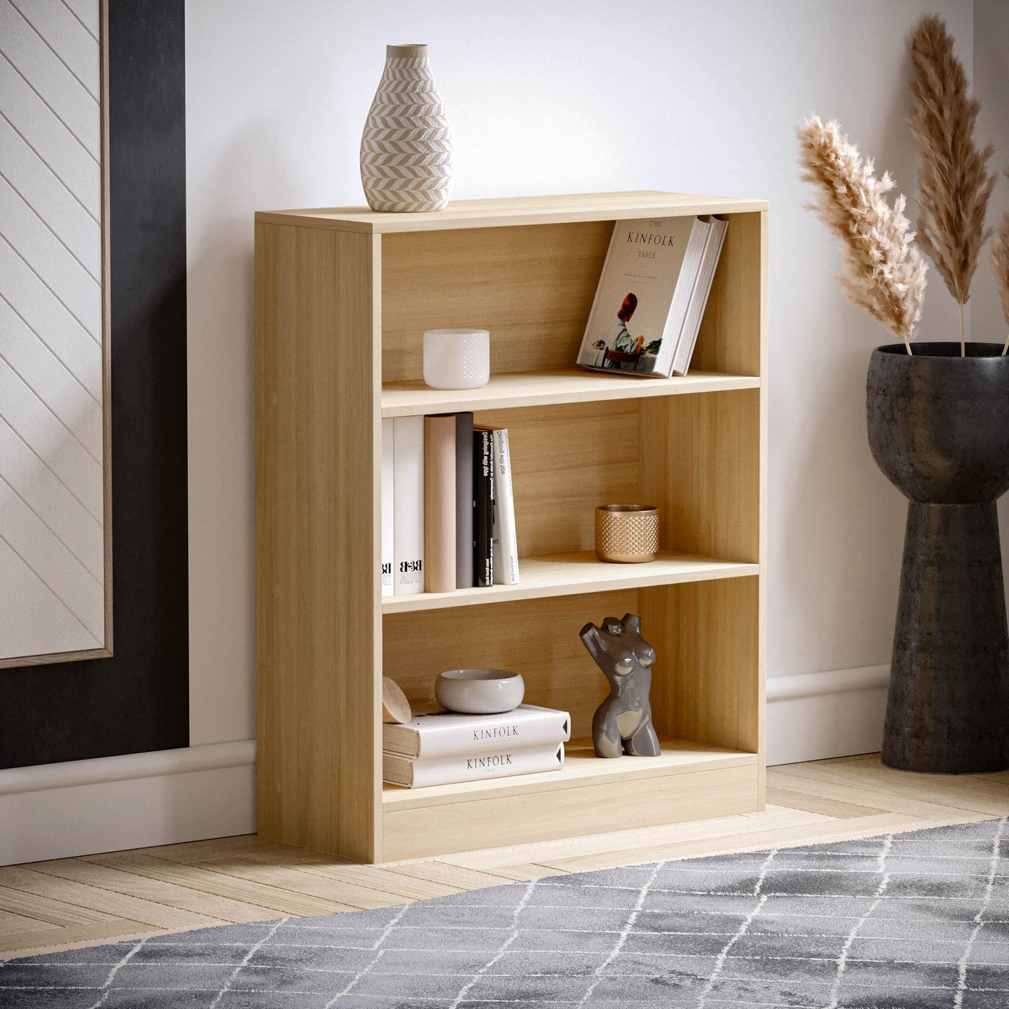 3 Tier Low Bookcase, Oak Finish Wooden Shelving Display Unit, Modern Office and Living Room Furniture, Wide and Compact Bookshelf, Elegant Design