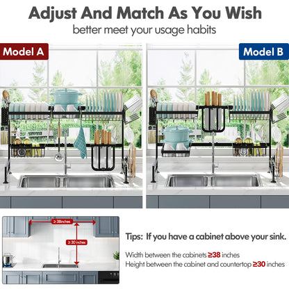 MAJALiS Dish Drying Rack in Sink, Small Dish Drainers for Kitchen Sinks, Expandable Over The Sink Dish Racks with Utensil Holder, Stainless Steel Plates Drying Rack, Black