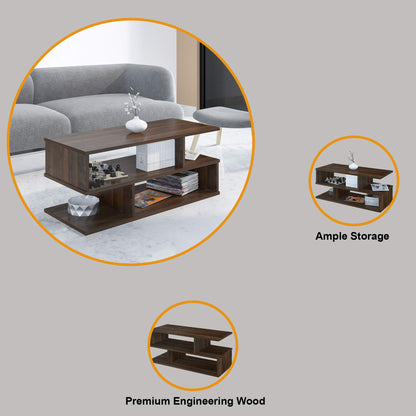 s-Shape Wood Coffee Table in Walnut, Modern Centre Table for Living Room, Tea Table with Lower Shelf, Unique Geometric Design, Two-Tier Storage