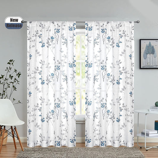 Rich Natural Linen curtains - Printed floral curtains- Semi-transparent - Steel grommets for living room, bedroom, kitchens, 1 piece