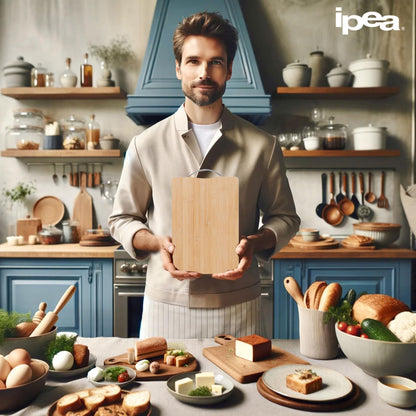 IPEA Rectangular Wooden Chopping Board with Metal Handle for Vegetables, Fruits, Salami - 32 x 22 cm - Multipurpose Kitchen Chopping Board for Cutting and Serving Appetizers, Bread, Cheeses - Bamboo