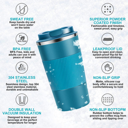 Reusable Travel Coffee Mug 510ml, Double-Walled Insulated Stainless Steel Cup with Leakproof Lid, Eco-Friendly Portable Tumbler for Hot and Cold Drinks, BPA-Free