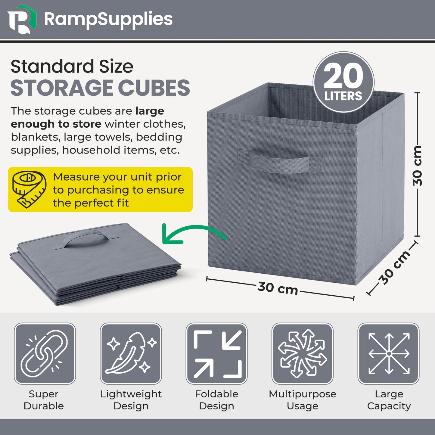 RampSupplies Foldable Storage Cubes with Handles, 30cm x 30cm x 30cm,Fabric Storage Boxes, Toy Baskets for Baby Clothes Home and Office Room Organizers (Gray)