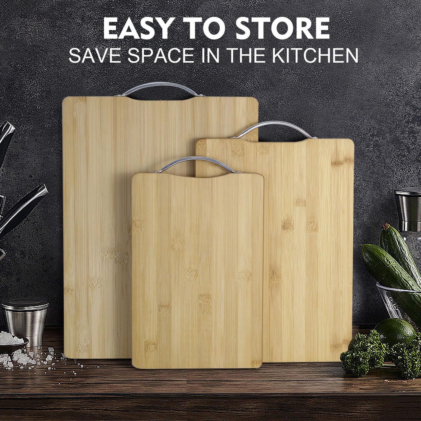 SKY-TOUCH Bamboo Wood Cutting Boards Set of 3, Small, Medium, Large,Set,Serving Board with Easy-Grip Handle,Non-Slip Wooden Double-Side Using for Meat, Cheese, Fruits & Bread