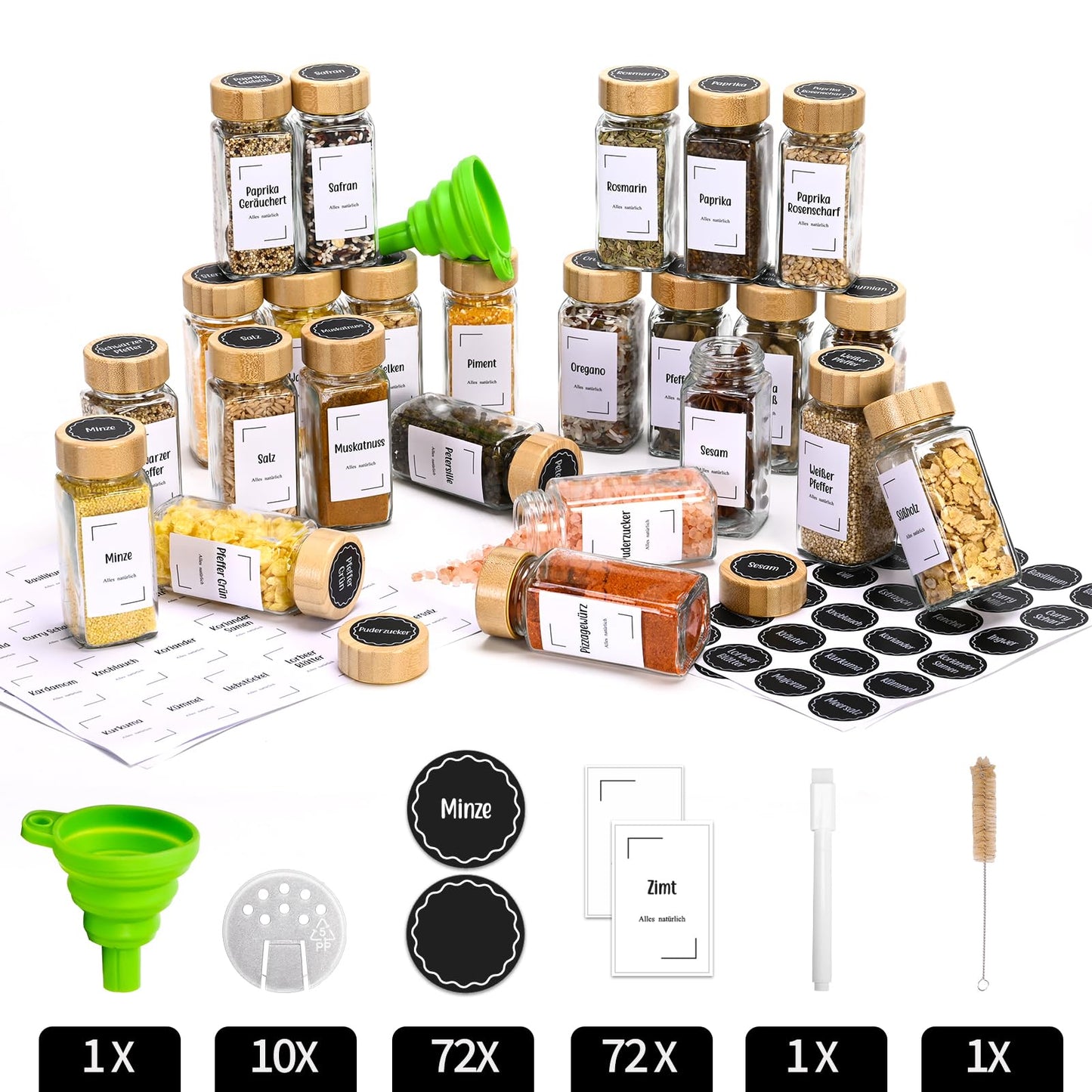 Roetell Set of 12 Spice Jars with Bamboo Lids, Square 120 ml Spice Jars with Metal Inner Lid, Foldable Funnel, Spice Storage Bottles for Spice Rack, Cabinet, Drawer