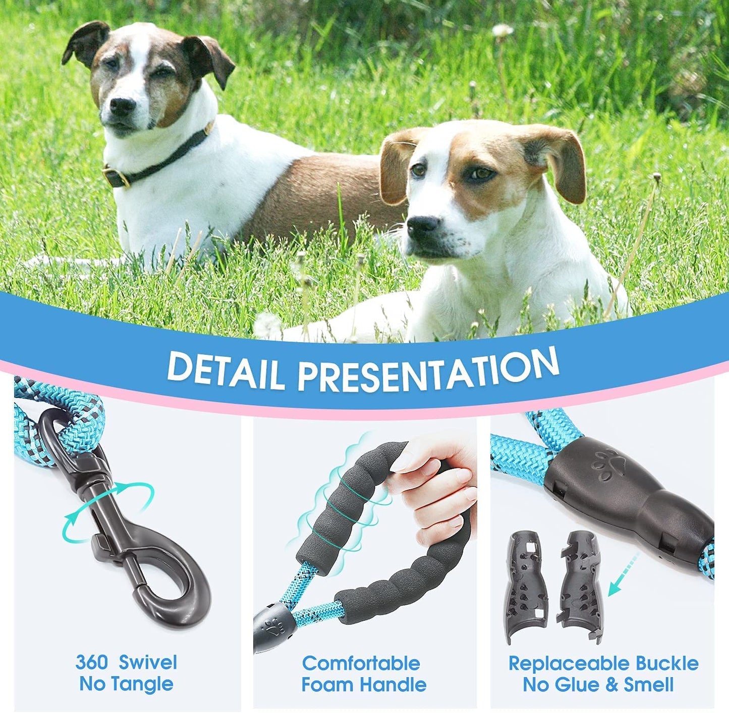 Strong dog leash with comfortable padded handle and highly reflective threads - 1.25m