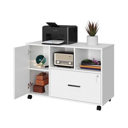 Office File Cabinet with Lock in White, 2-Drawer Mobile Pedestal with Wheels, Under-Desk Filing Cabinet for Home Office, Secure Document Storage with Key, Modern Design
