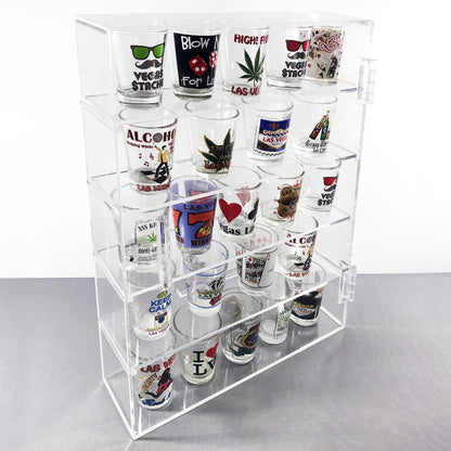 5 Tier Acrylic Display Case with Door – 27.4 x 35.6 cm Wall Mount or Countertop Cabinet, Removable Shelves for Shot Glasses, Minifigures, and Collectibles, Mirrored Back