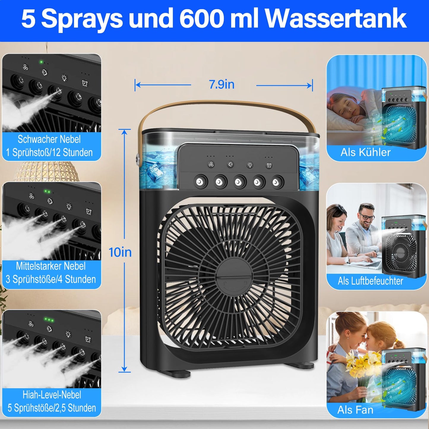 Mini Air Conditioning Portable Air Cooler Mobile Air Conditioner with 3 Speeds, 1/2/3H Timer, 360° Rotation, Small Personal Air Conditioning Fan, USB Desktop Cooling Fan for Office, Home, Black