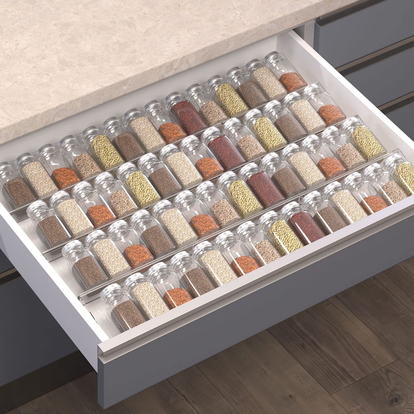 Jadehom Spice Drawer Organizer, 6 Pcs Clear Acrylic In Drawer Seasoning Jars Rack, Expandable From 8" to 16" Kitchen Cabinets/Countertop Drawer Spice Rack Tray (Fit Small Drawer?