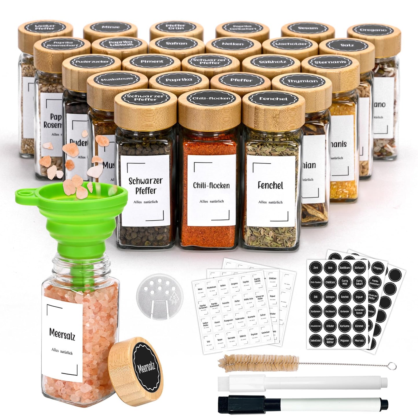 Roetell Set of 12 Spice Jars with Bamboo Lids, Square 120 ml Spice Jars with Metal Inner Lid, Foldable Funnel, Spice Storage Bottles for Spice Rack, Cabinet, Drawer