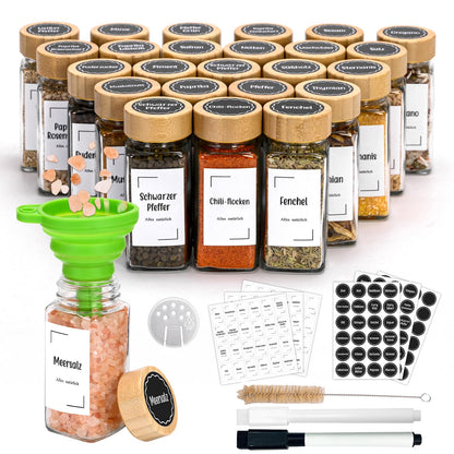 Roetell Set of 12 Spice Jars with Bamboo Lids, Square 120 ml Spice Jars with Metal Inner Lid, Foldable Funnel, Spice Storage Bottles for Spice Rack, Cabinet, Drawer