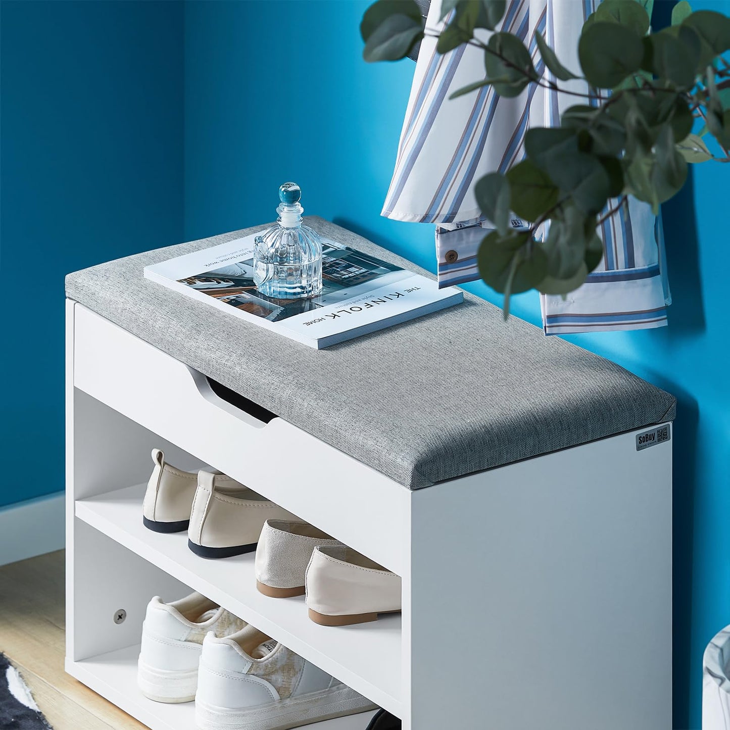 Shoe Storage Bench with Padded Seat, a functional entryway Shoe Rack and Cabinet, W60 x H43 x D30 cm, finished in a soft and neutral Light Grey color