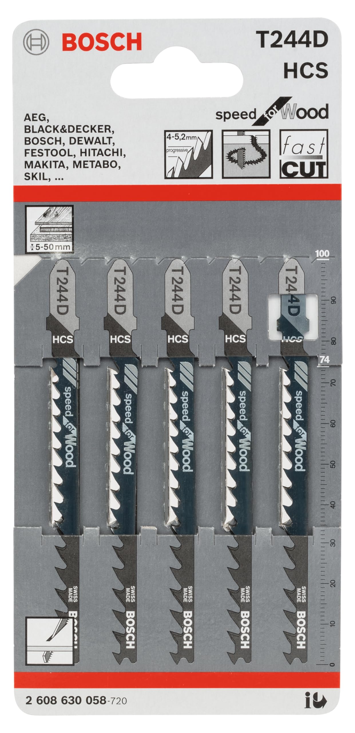 Bosch pack of 5 t244d wood jigsaw blades - 2608630058