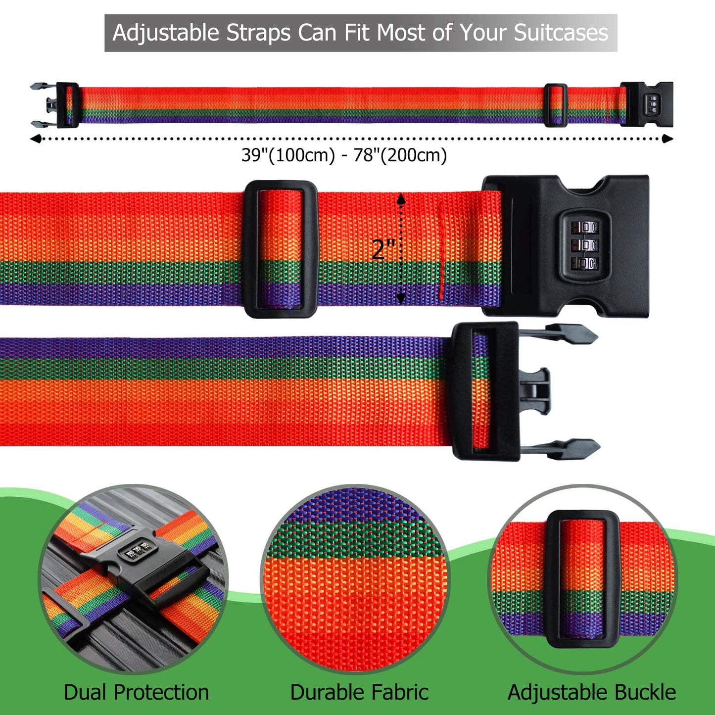 VVEIFO 2 PCS Luggage Strap 78" x 2" Suitcase Belts Wide Adjustable Packing Straps Travel Accessories, Colourful&Combination Lock