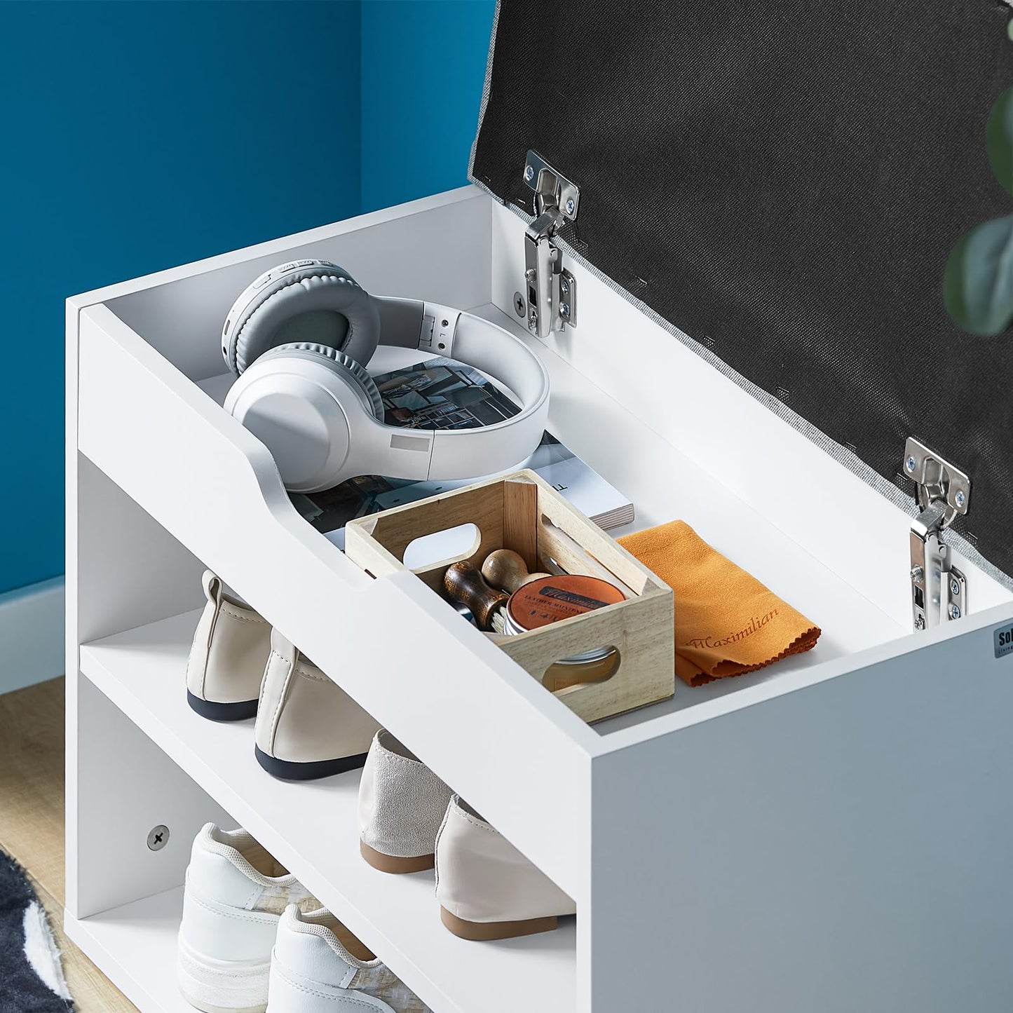 Shoe Storage Bench with Padded Seat, a functional entryway Shoe Rack and Cabinet, W60 x H43 x D30 cm, finished in a soft and neutral Light Grey color