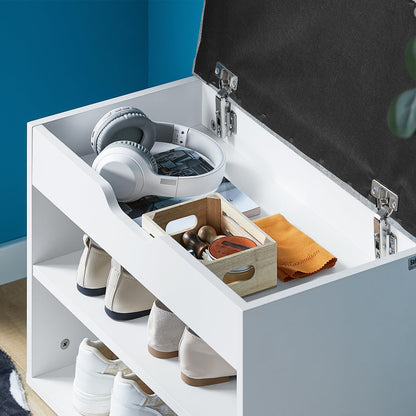 Shoe Storage Bench with Padded Seat, a functional entryway Shoe Rack and Cabinet, W60 x H43 x D30 cm, finished in a soft and neutral Light Grey color