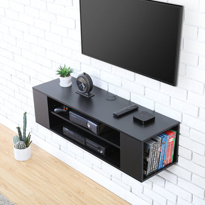 Floating TV Unit Cabinet in Black, WalLMounted TV Shelf with 4 Storages for Living Room, Entertainment Center with Open and Closed Compartments, Modern Design