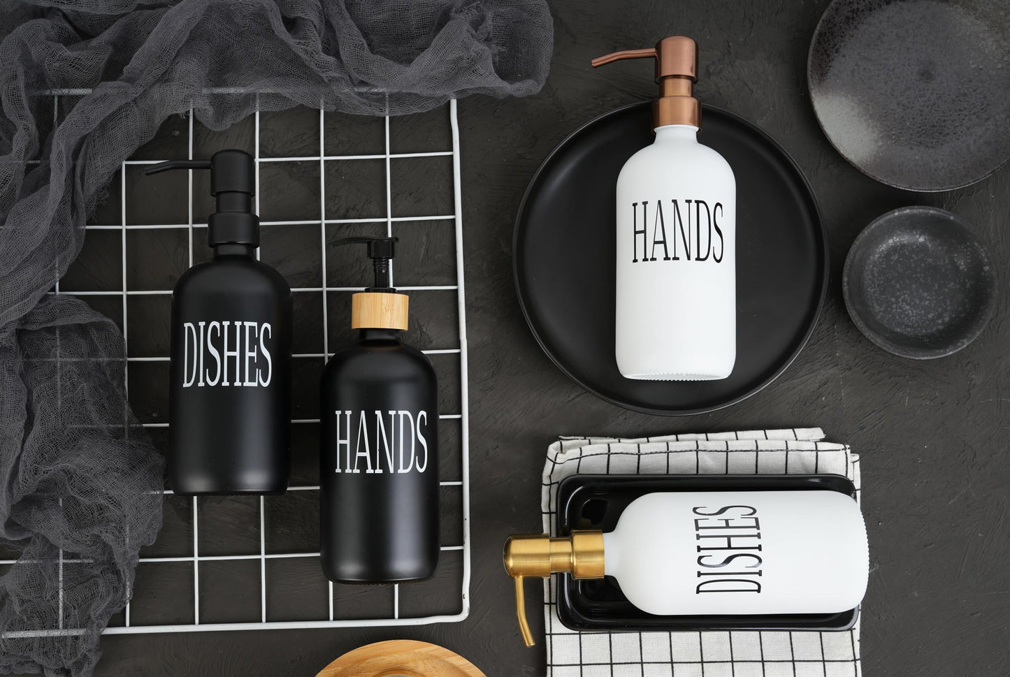 Emerson Soap Dispensers with Stainless Steel Pumps + 100% Bamboo Wood Tray | Kitchen Sink Dish Soap and Bathroom Hand Wash Glass Bottles Set | Waterproof | 16 Oz | Set of 2 (Wht/Blk/Bamboo Black)